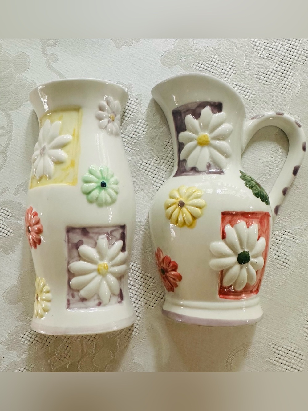 Retro MCM Hand-Painted Raised Daisy Floral Wall Planters - Set of 2